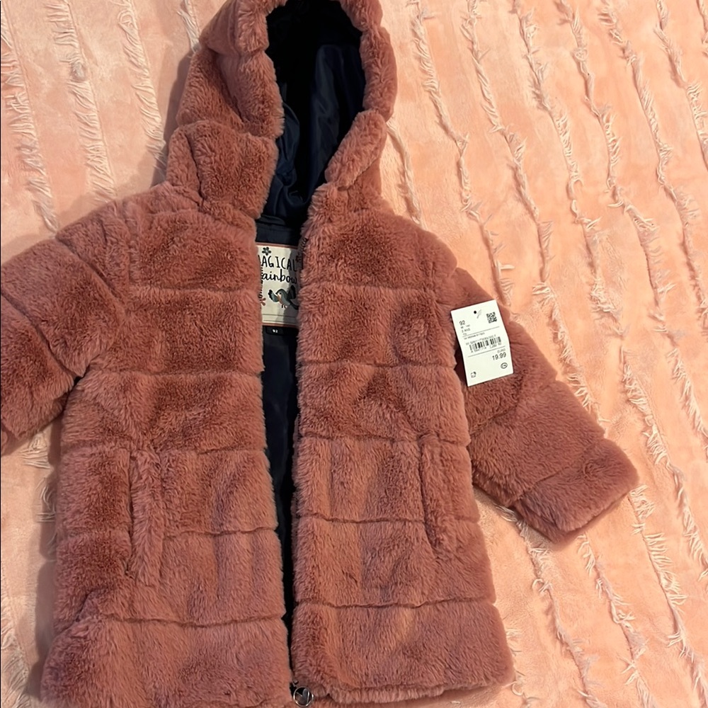 Pink Faux Fur Hooded Coat